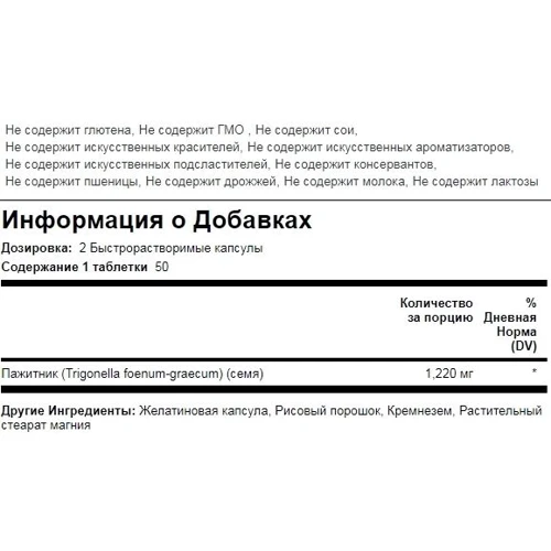 Piping Rock Fenugreek 1220 mg 100 Capsules Гуньба