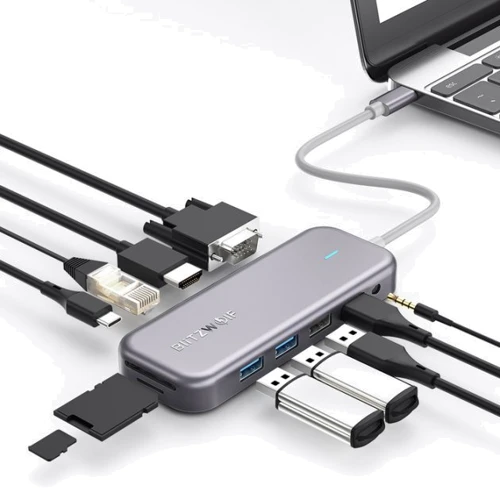 Адаптер BlitzWolf Adapter USB-C to USB-C+4xUSB+HDMI+VGA+RJ45+3.5mm+SD/TF Grey (BW-TH8): Інтерфейс підключення USB-C