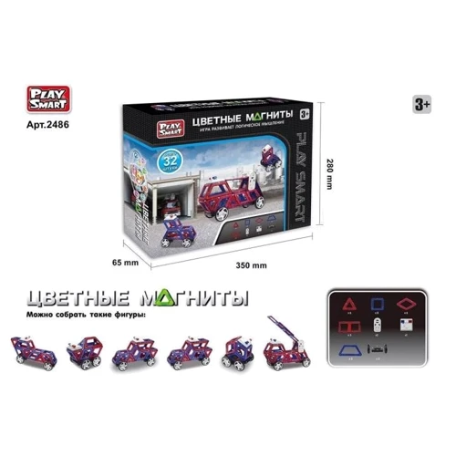 Конструктор магнитный Play Smart Машинки 6 моделей, 32 детали (2486)