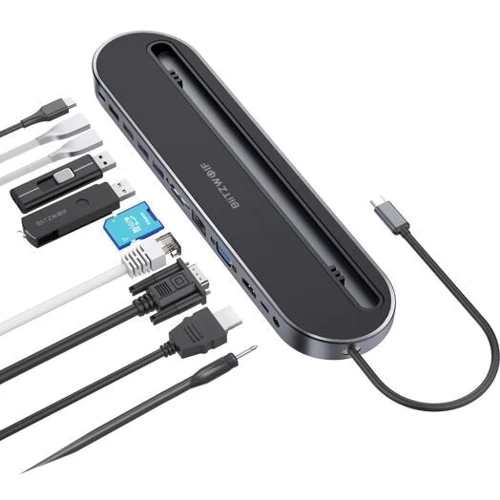 Адаптер BlitzWolf Adapter USB-C to 2xUSB-C+4xUSB+HDMI+VGA+RJ45+3.5mm+SD/TF Black (BW-TH9) фото 4
