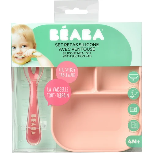 Набір Beaba Babycook порційна тарілка + рожева ложка (913456): Матеріал силикон