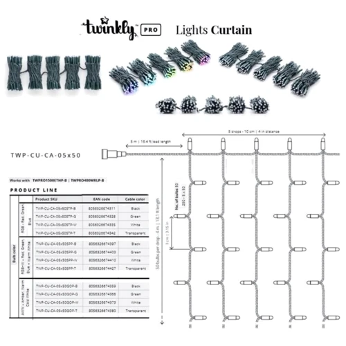 Гирлянда Smart LED Twinkly Pro Curtain RGB 250 AWG22 IP65 зеленый: Количество ламп 250