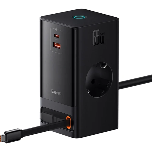 Зарядное устройство Baseus Wall Charger 2AC+USB+USB-C PowerCombo PowerStrip Retractable-C 65W Black (PSLR000301)