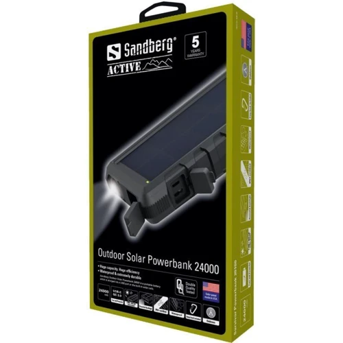 Внешний аккумулятор Sandberg Power Bank Outdoor 24000mAh QC 3.0 Solar Panel Black (420-38): Емкость батареи, мАч 24000
