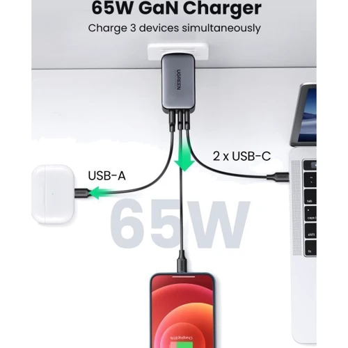 Зарядний пристрій Ugreen Wall Charger 2xUSB-C+USB CD244 65W Gray (10335): Сила струму 2.4А и более