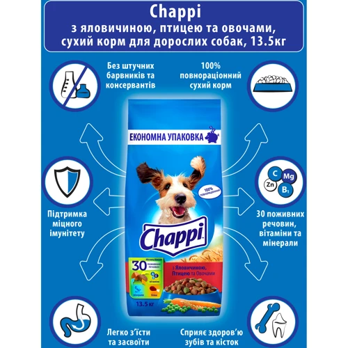 Сухой корм Chappi для взрослых собак С говядиной, птицей и овощами 13.5кг (5998749128350): Класс Эконом