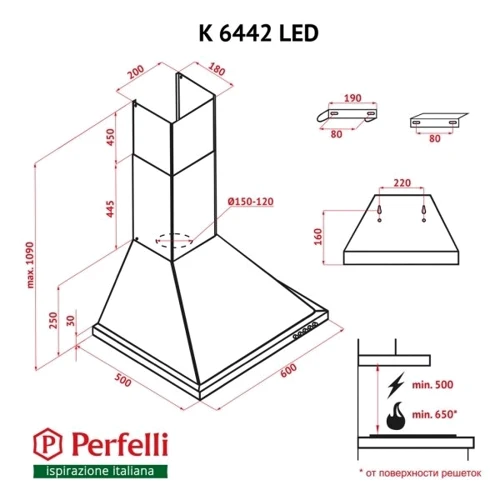Вытяжка Perfelli K 6442 BL LED: Тип воздухоочистителя Рециркуляция, Отвод