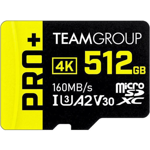 Карта памяти Team 512GB microSDXC UHS-I U3 A2 V30 PRO+ + adapter (TPPMSDX512GIA2V3003): Тип карты MicroSDXC