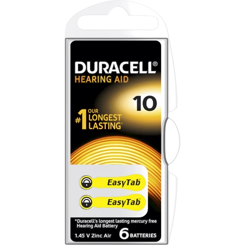 Батарейки Duracell для слуховых аппаратов размер 10, 6 шт.