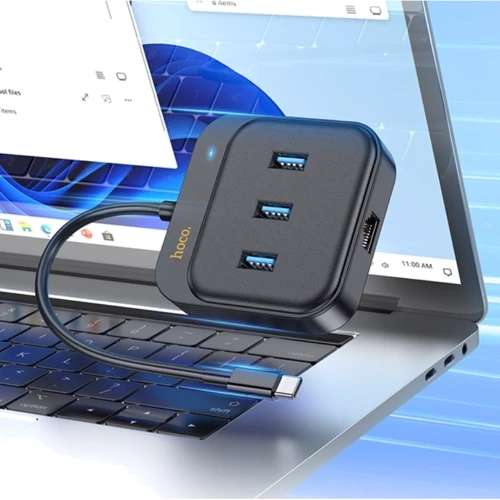 Адаптер Hoco Adapter HB35 USB-C to 3xUSB3.0+RJ45 Black (6931474799005) фото 5