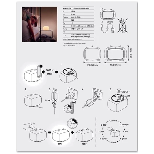 Ночной светильник LEDVANCE  NIGHTLUX TOUCH LED 2,5W Retro TV, micro-USB, RGBW: Тип источника освещения Светодиодная лампа LED