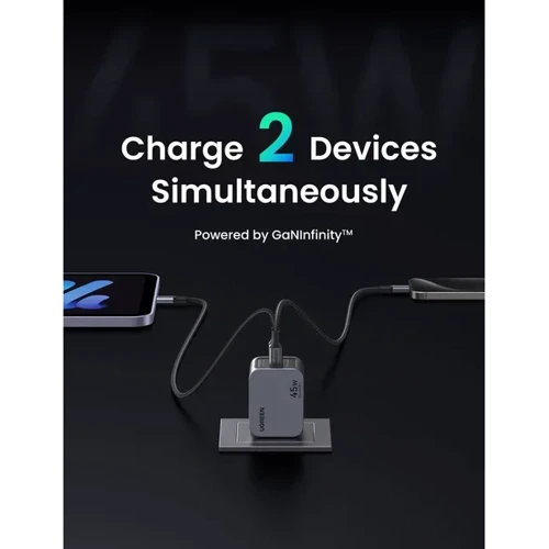 Зарядний пристрій Ugreen Wall Charger X707 USB-C+USB-C GaN 45W Space Gray (35008): Кількість USB-портів 2