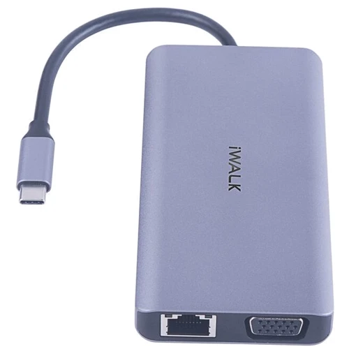 Адаптер iWALK Adapter USB-C to USB-C + 3xUSB + HDMI + RJ45 + VGA + SD Gray (ADH007): Колір серый