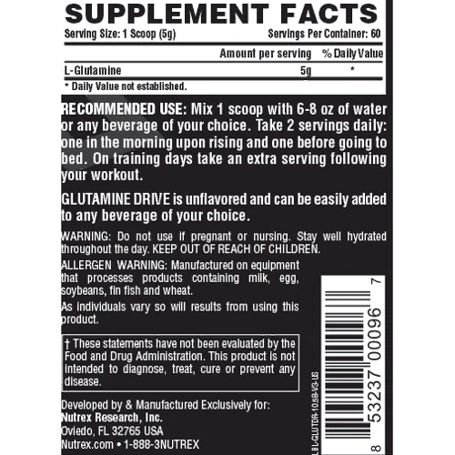 Аминокислота для спорта Nutrex Glutamine Drive 300 g /60 servings/ Unflavored: Вкус Без вкуса