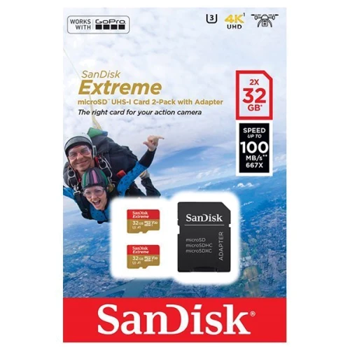 Карта пам'яті SanDisk 32GB microSDHC Class 10 UHS-I U3 V30 A1 Extreme 2 Pack + adapter (SDSQXAF-032G-GN6AT): Клас карти A1, V30, U3, UHS-I, Class 10