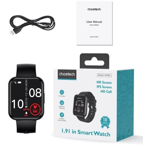 Смарт-часы Choetech WT001 Black: Фитнес-функции Пульсоксиметр, Подсчет калорий, Шагомер, Пульсометр