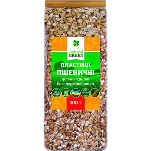 Хлопья пшеничные цельнозерновые без термообработки, Natural Green, 300 г (WT3196)