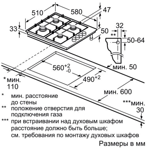 Варильна поверхня газова Bosch PBP6C5B90: Робоча поверхня нержавіюча сталь