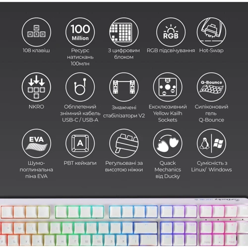 Клавиатура Ducky One 3 Cherry MX Speed Silver RGB White UA (DKON2108ST-PUAPXPWWWSC1): Дополнительно украинская раскладка, подсветка клавиш
