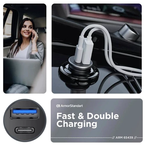 Зарядний пристрій ArmorStandart Car Charger USB-C+USB 20W Grey (ARM65439): Особливості Power Delivery (PD), USB-C, Быстрая зарядка