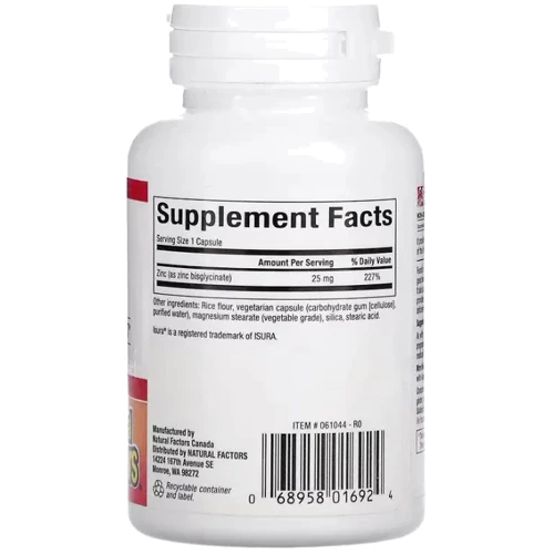 Natural Factors Zinc Bisglycinate Цинк бисглицинат 25 мг 60 вегетарианских капсул: Тип Цинк