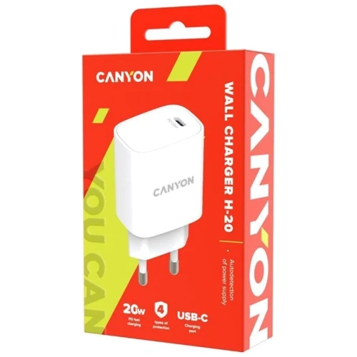 Зарядний пристрій Canyon Wall Charger USB-C H-20-02 20W White (CNE-CHA20W02): Кабель в комплекті отсутствует