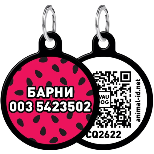 Адресник WAUDOG Smart ID с QR-паспортом, рисунок "Арбуз", круг, 25 мм, черный (0625-0049-01-gr)