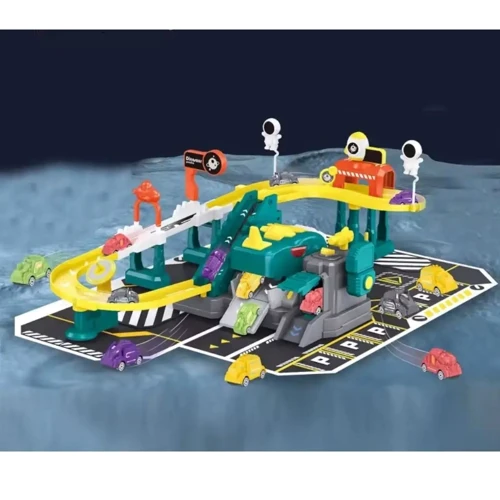 Гараж 2-этажный, 32 детали, динозавр, машинки (388-590)