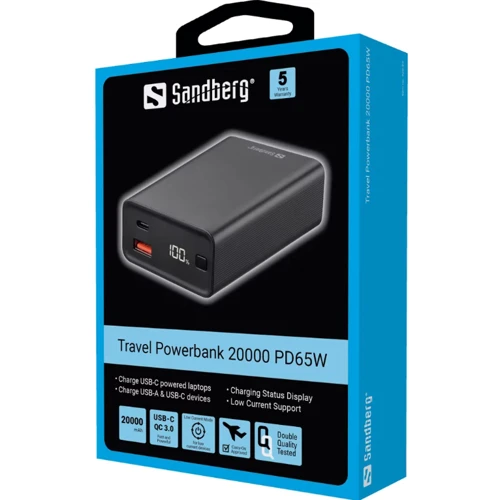 Внешний аккумулятор Sandberg Power Bank 20000mAh PD 65W Black (420-95): Встроенный кабель нет