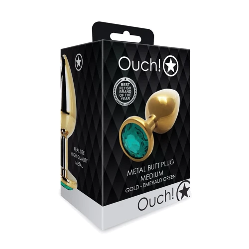 Металлическая анальная пробка Ouch! Heart Gem Gold - Emerald Green, М