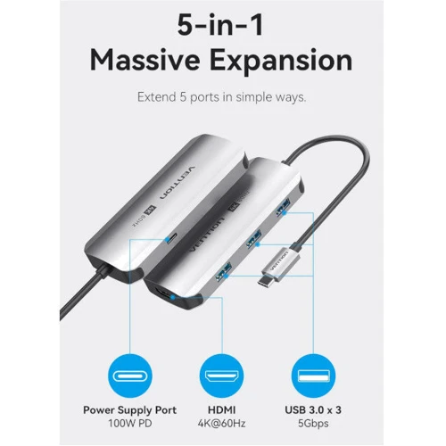 Адаптер Vention Adapter USB-C to HDMI+/USB 3.0x3/PD 100W (TQDHB): Інтерфейс підключення USB-C