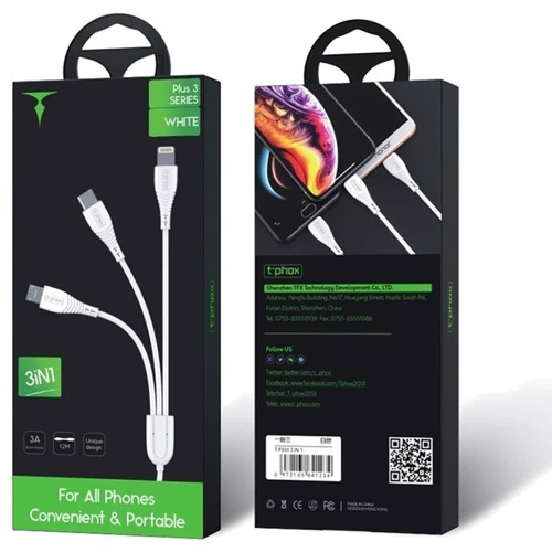 Кабель T-PHOX USB Cable to Lightning/microUSB/USB-C 3A 1.2m White (T-F831 White) фото 11