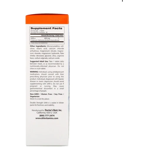 Doctor's Best, SAM-e Double Strength 400 mg Аденозилметионин 60 таблеток: Тип L Метионин