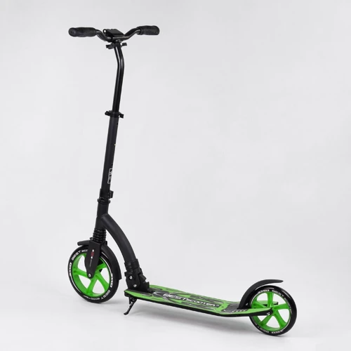 Самокат двухколесный Best Scooter с PU колесами, амортизатором, широким рулем, зажимом для руля Black/Green (94767): Материал колес полиуретан