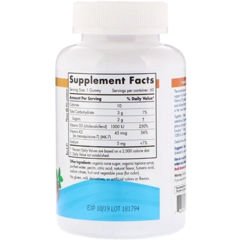 Nordic Naturals Vitamin D3 1000 IU + K2 45 mcg Gummies Pomegranate Витамин D3 и Витамин К2 со вкусом граната 60 жевательных конфет: Тип Витамин D