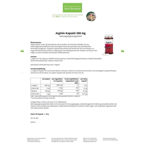 Sanct Bernhard Arginin Аргінін 500 mg 150 капсул: Тип аргінін