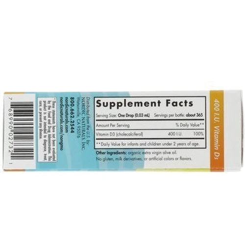 Nordic Naturals Baby's Vitamin D3 400 IU 0.37 fl oz (11 ml) Вітамін D3 для маленьких дітей: Тип вітамін D