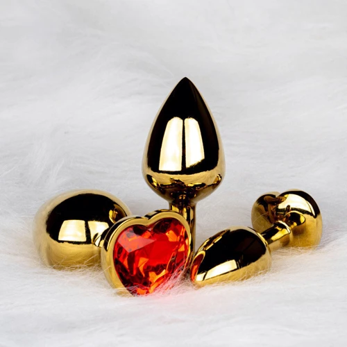 Металлическая анальная пробка Ouch! Heart Gem Gold - Ruby Red, S