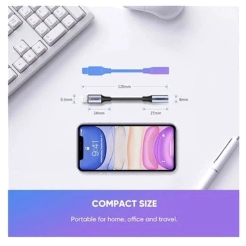 Кабель Ugreen Adapter Lightning to 3.5mm F Headphone Jack 10cm Grey (30756): Длина 10 см