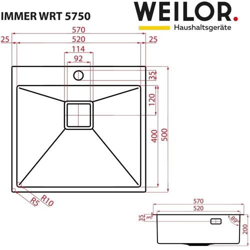 Weilor IMMER WRT 5750: Габариты чаши (ШxГxВ), см 52/40/20
