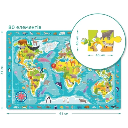 Обсервационный пазл Dodo Карта Мира Зверушки 80 элементов (300133)