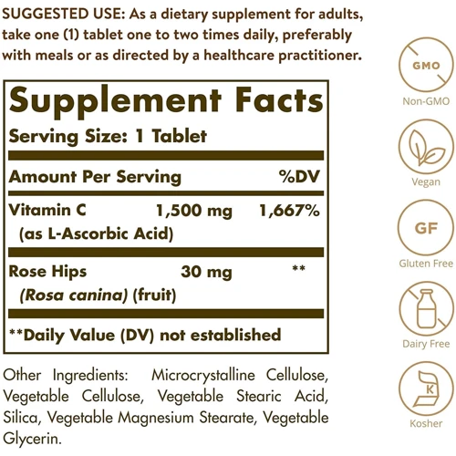 Solgar Vitamin C With Rose Hips 1500 mg Солгар Вітамін С з шипшиною 180 таблеток: Тип вітамін C