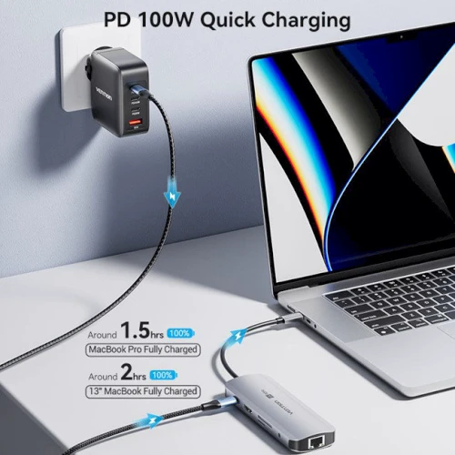 Адаптер Vention Adapter USB-C to RJ45+2xUSB3.0+SD/TF+USB-C+HDMI+3.5mm+PD 100W (TQMHB) фото 5