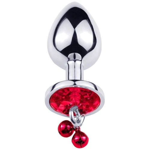 Анальная пробка с кристаллом, колокольчиком и поводком Silver RED (размер L)
