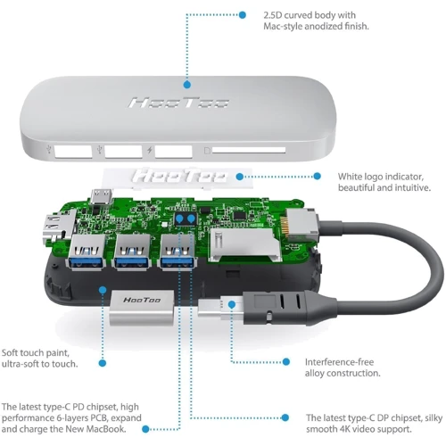 Адаптер HooToo Shuttle USB-C to USB-C+HDMI+3xUSB 3.0+SD Hub Silver (HT-UC001-SL) фото 4