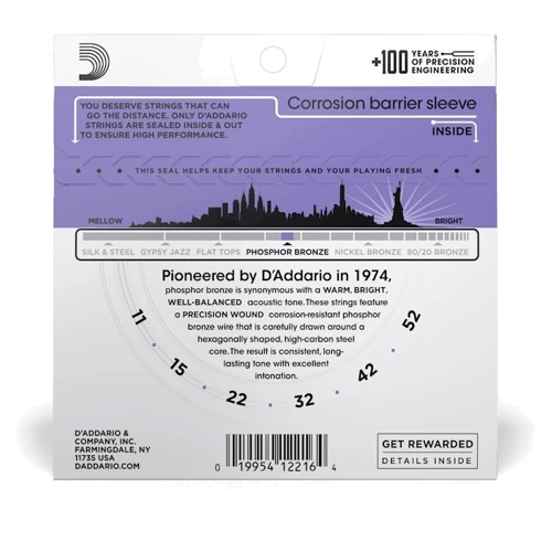Струна для гитар Струны для акустической гитары D'ADDARIO EJ26 PHOSPHOR BRONZE CUSTOM LIGHT (11-52): Назначение Для акустической гитары