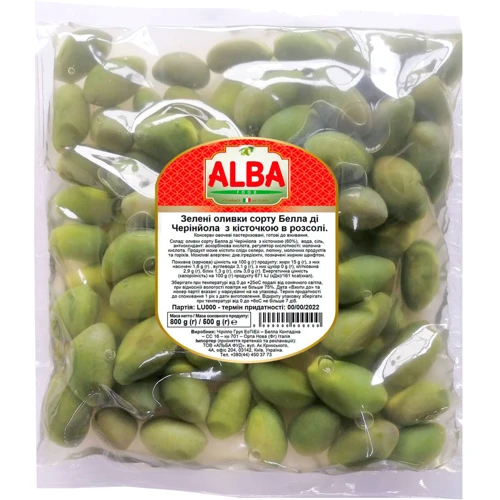 Оливки ALBA FOOD зеленые с косточкой Белла ди Чериньола 800 г (8033162863482)