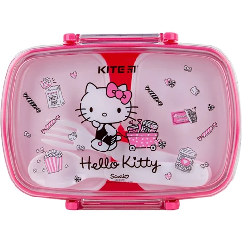 Ланчбокс Kite Hello Kitty з наповненням 750 мл (HK24-181-2): Особливості Комплекты, С ложкой, Разогрев в микроволновой печи, Можно мыть в посудомоечных машинах, С крышкой на защепках, С вилкой