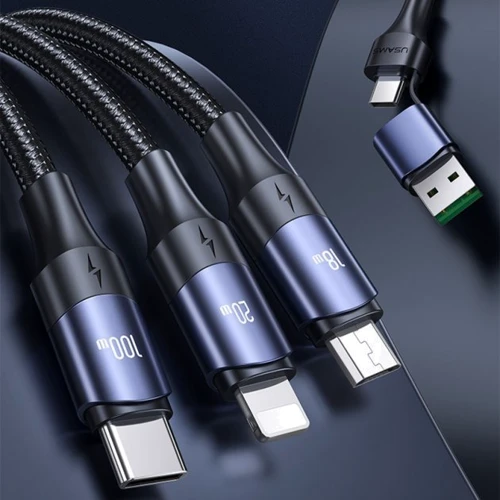 Кабель Usams USB/USB-C Cable to Lightning/microUSB/USB-C Triple Head 3in1 100W 1.2m Black (US-SJ511): Тип USB-C - Lightning/microUSB/USB-C