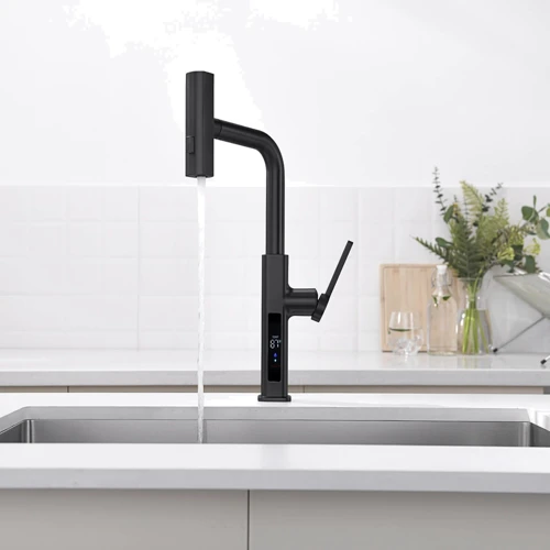 Смеситель для кухни Lefton Waterfall & Pull-Out Kitchen Faucet with Temperature Display-KF2209 Matt Black: Тип излива выдвигающийся излив